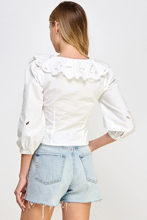 Laser Cut Embroidery Button Front Blouse