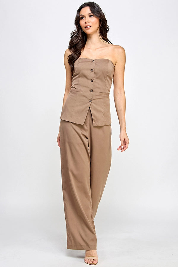 Strapless Button Down Top with Straight Long Bottom Jumpsuit