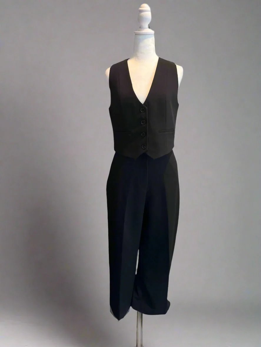 Black Vest and Wide-Leg Pants Set