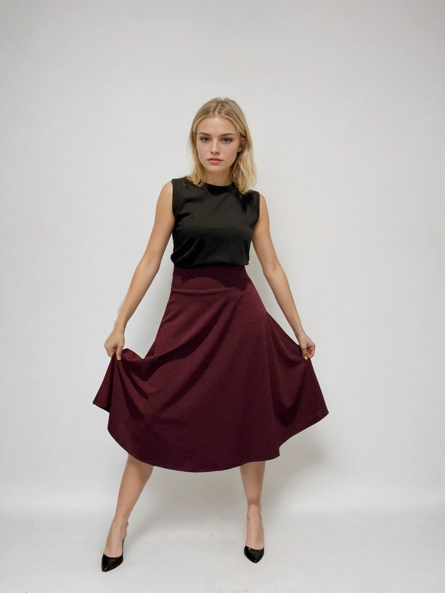 Burgundy A-Line Midi Skirt