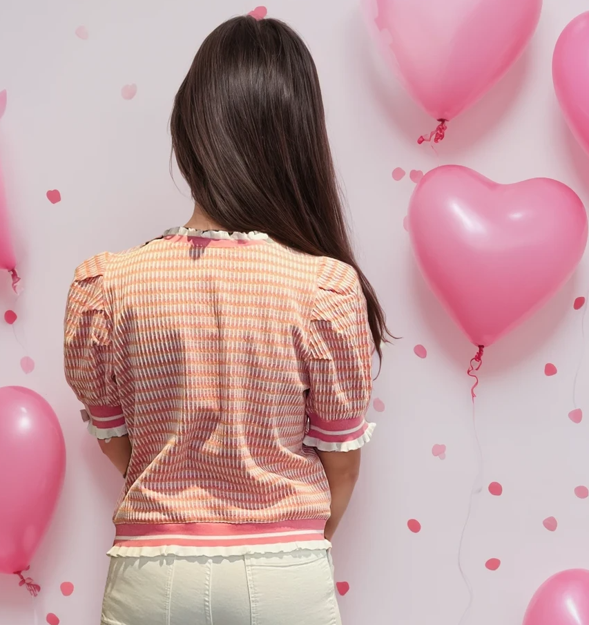 Pink Gingham Puff Sleeve Sweater