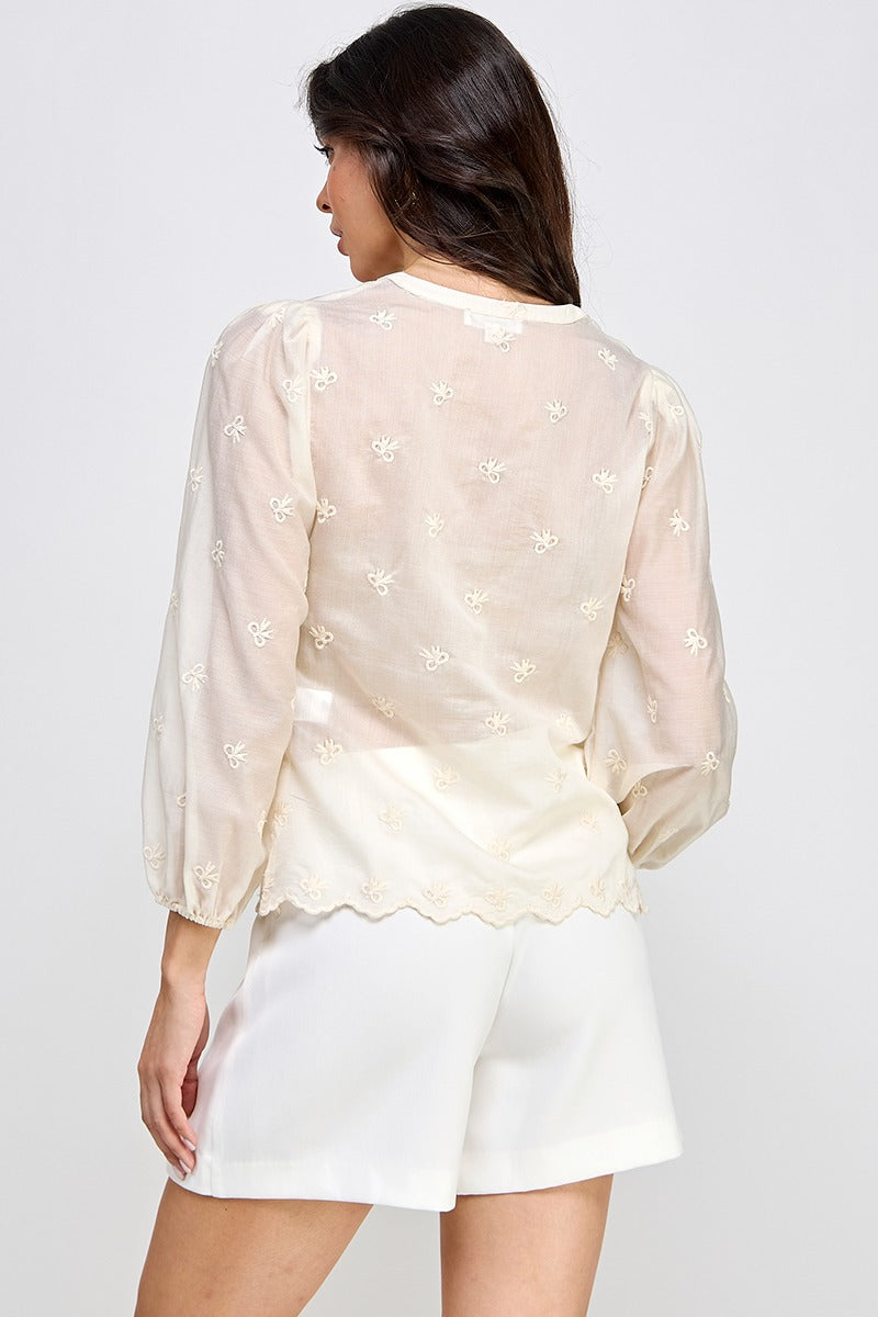Long Sleeve Buttoned Top with Tiny Ribbon Embro Details