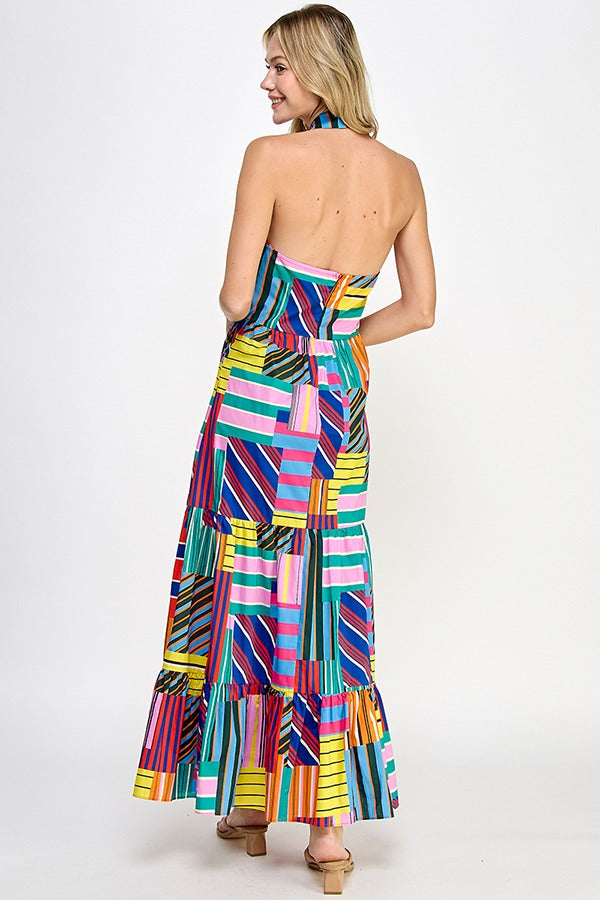 Mixed Stripe Multicolor Halter Maxi Dress