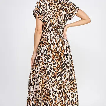Leopard Print Button Down Shirt Midi Dress