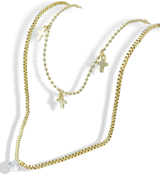 Layered Cross & Crystal Duo Necklace